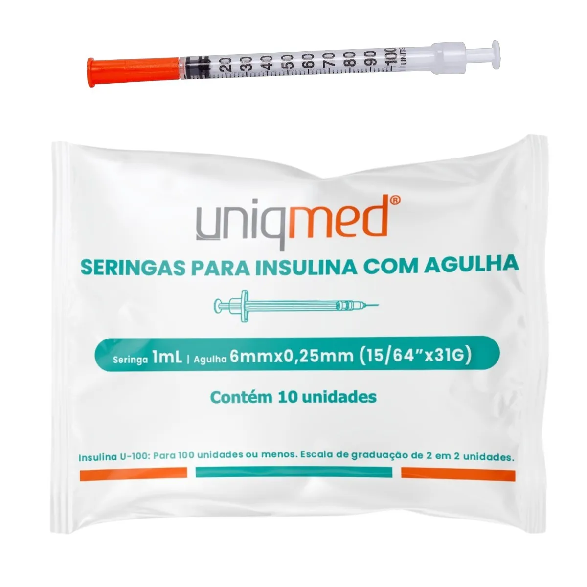 SERINGAS PARA INSULINA 1ML 6MM X 31G - CAIXA COM 100 UUNIDADES- POLYBAG- PACOTE 10X10 UNIQMED