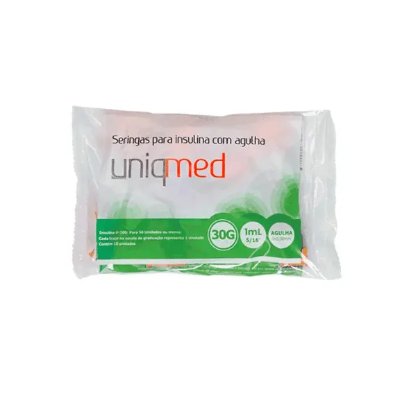 SERINGAS PARA INSULINA UNIQMED - 1ML 8MM X 30G POLYBAG - PACOTE COM 10 UNIDADES